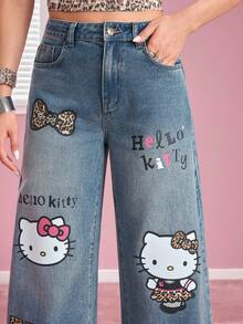 HELLO KITTY AND FRIENDS | SHEIN Women's Cartoon Pattern Printed Pocket Button Denim Jeans - Blue - View 5