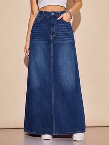 Rivivi Plus Size Women's Long Casual Denim Skirt With Pockets - Dark Wash - View 6