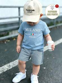 SHEIN Playful Pals 幼童 2 件組拼色休閒創意數位印花 T 恤與藍色條紋短褲套裝街頭風返校穿搭 - 彩色 - 查看 4