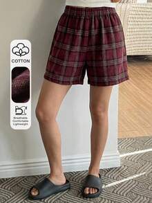 DAZY Loose Plaid Short Pajama Pants, Women Summer Sleepwear Bottom - Burgundy - View 4