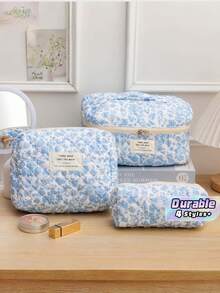 1 Piece Bow Large Capacity Portable Cosmetic Bag Simple Style Multifunctional Cosmetic Bag Cosmetic Storage Bag Travel Cosmetic Bag Beauty Makeup Tools Storage Bag Cosmetic Bag Women's Gift Travel Essentials - Blue - View 1