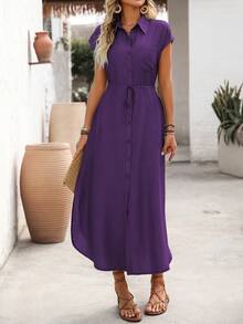 Wandoria Women's Spring/Summer Solid Color Vacation Casual Modest Commute Shirt Collar Front Button Placket Patch Pocket Side Slit Hem Dress Deep Purple - Purple - View 4