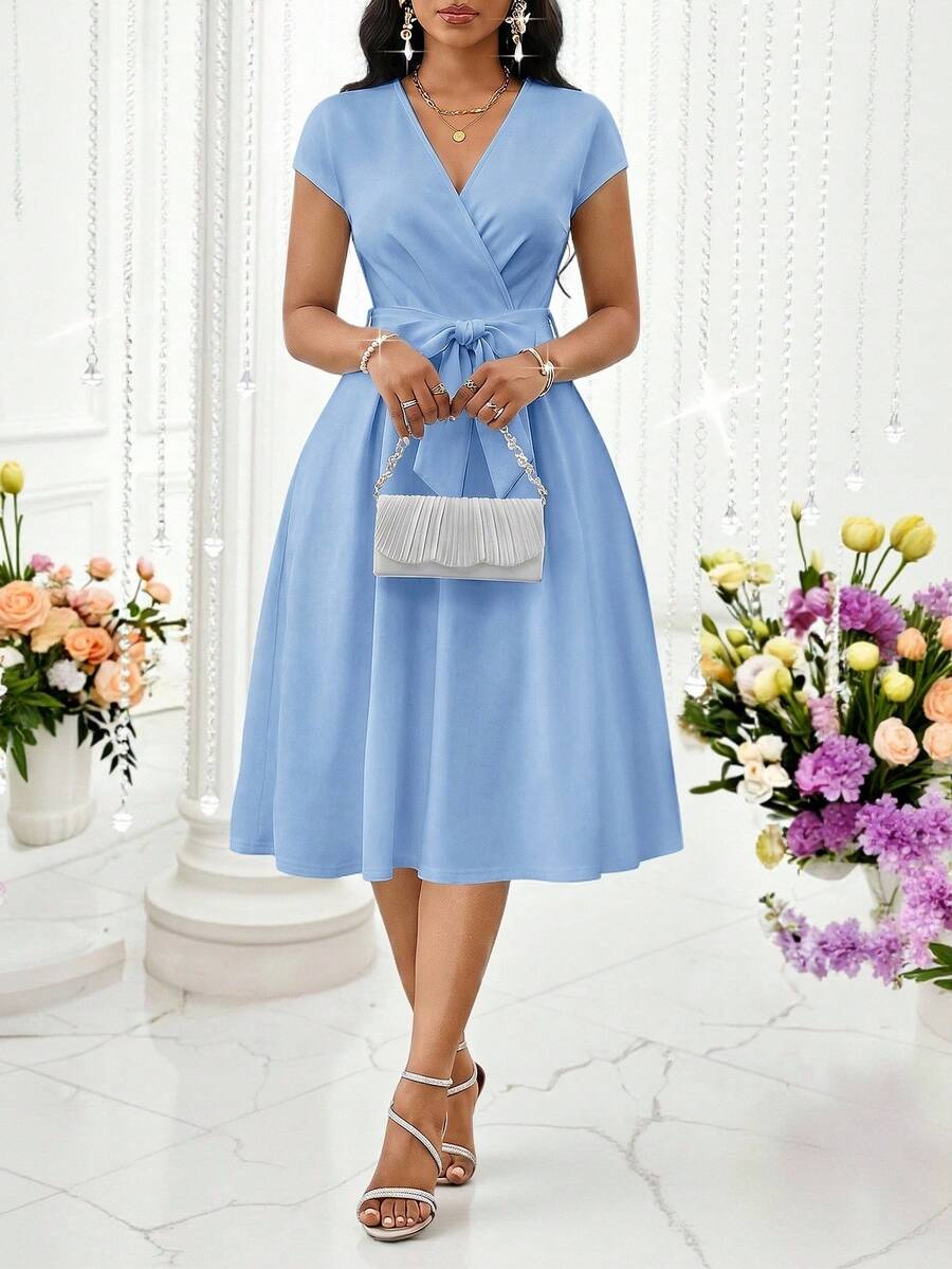SHEIN Lady 女士优雅办公中长连衣裙，蓝色