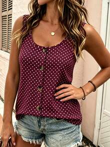 EMERY ROSE Plus Size Women's Polka Dot Contrast Color Round Neck Button Tank Top, Round Neck Button Strap Tank Top, Suitable For Daily Casual Wear - Multicolor - View 3