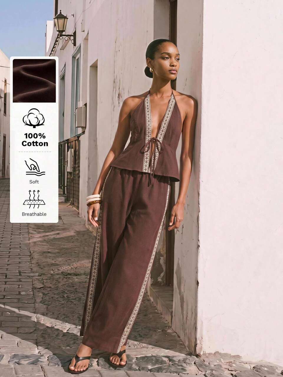 SHEIN Maija 2 Pieces Set Summer Beach Vacation Casual Jamican Comfortable Country Vacation Casual Festival São João Independence Day Beach Brown And White