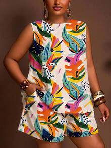 Slaydiva Beige Summer Bohemian Tropical Print Y2K Style Plus Size 2 Pieces Set Suitable For Beach, Music Festival, Travel And Daily Wear - Multicolor - View 3