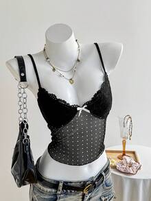 Elamini 女款蕾絲拼接蝴蝶結裝飾細肩帶背心 - 黑色 - 查看 6