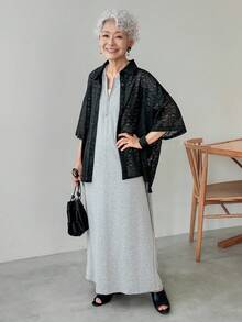 FRIFUL Women's Solid Color Lace Drop Shoulder Loose Shirt Sheer - Black - View 7