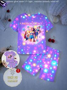 女童幼兒圓領短袖上衣與短褲2件套，夢幻女孩團星形印花，甜美酷感俏皮風，針織彈性面料，舒適柔軟高彈修身，紫色螢光UV光下發光，關燈即消失，居家休閒睡衣 - 紫色 - 查看 6