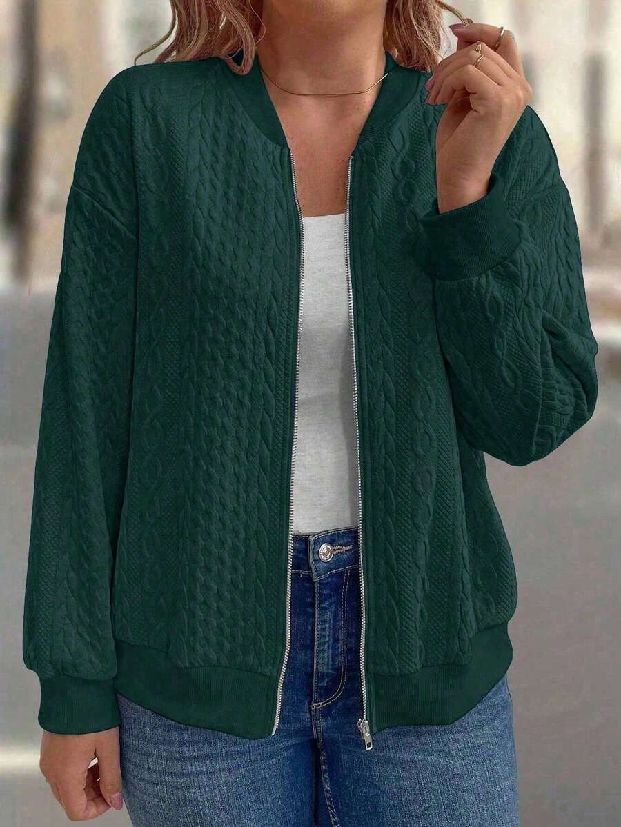 SHEIN 時尚 3D 紋理舒適拉鍊大尺碼女款夾克 - 墨綠色 - 查看 1