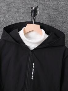 SHEIN 青少年男孩休閒字母圖案印花連帽夾克，輕量寬鬆版型拉鍊連帽外套 - 黑色 - 查看 6