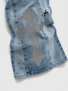 ROMWE MEN Men's Casual Washed Cross Embroidery Denim Jeans - Baby Blue - View 4