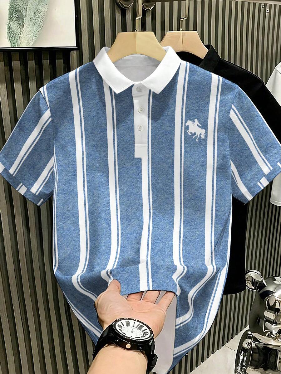 Manfinity Hypemode 男士休閒經典條紋丹寧效果馬標 Polo 衫,夏季首選 - 彩色 - 查看 1