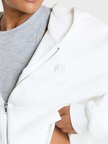 11SKNDS Cropped Zip-Up Hoodie With Oversized Relaxed Fit, Ribbed Hem, Soft Fleece, Casual Everyday Layering Essential For Fall Winter - White - View 5