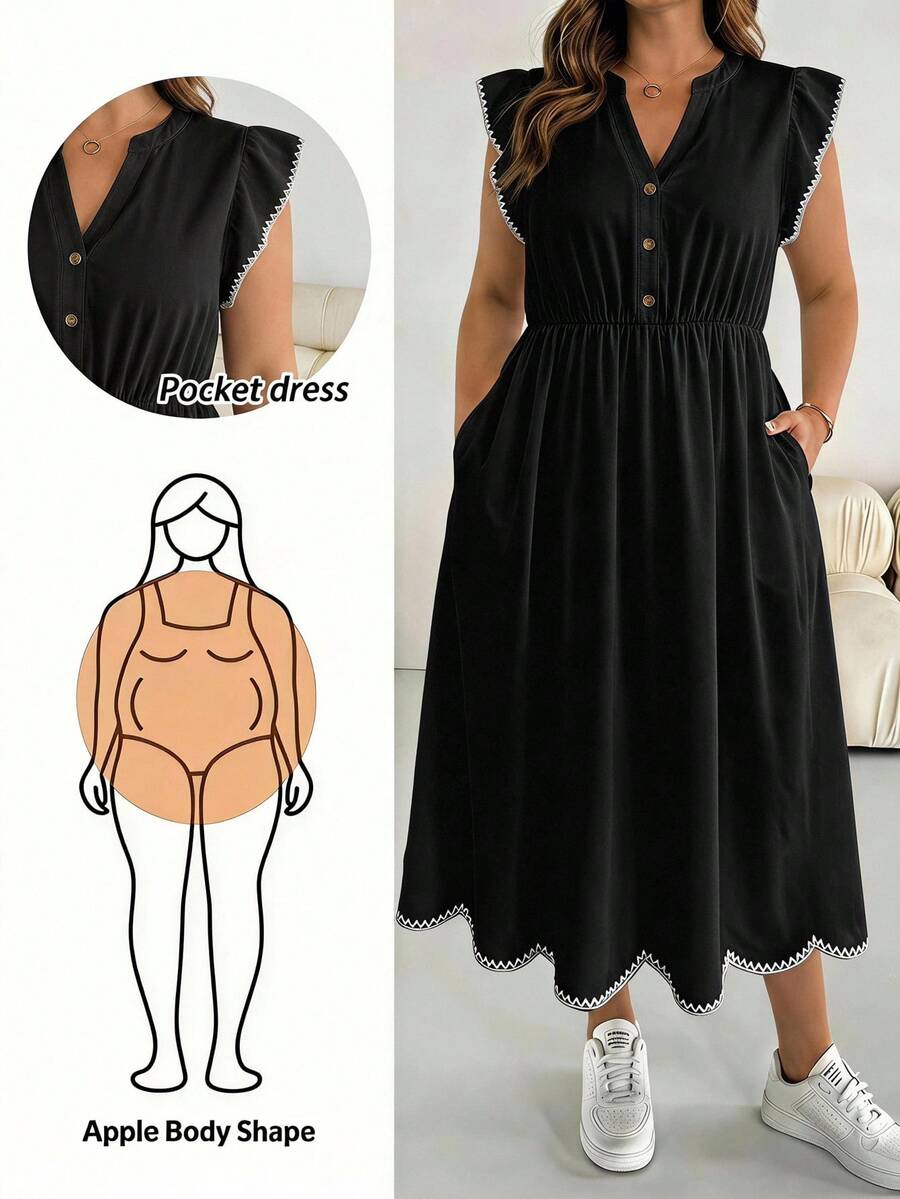 SHEIN Essnce Vestido de talla grande con mangas acampanadas y bordado de concha - Multicolor - Ver 1