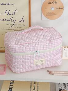 1pc Pink Plaid Quilted Cosmetic Bag – Large Capacity Travel Toiletry Organizer, Makeup Brush Storage Pouch For Vacation - Pink - View 8