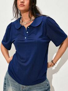 Elenzga Plus Size Women's Fashion Casual Lapel Pearl Button Short-Sleeve T-Shirt, Summer Outfit, Solid Color Navy Blue Top Bussines Office - Blue - View 11