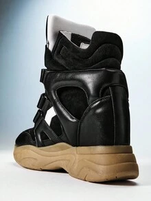 Solezae 2026新款魅力超级玛兰托黑白高帮魔术贴搭扣绗缝加厚鞋领隐形坡跟女式运动鞋 - 黑色 - 查看 6