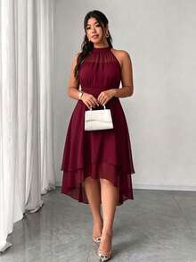 Elenzga Đầm size lớn cổ tròn sát nách, hai lớp bèo nhún, gấu váy bất đối xứng - Màu Đỏ Sâu - Xem 4