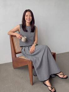 EMERY ROSE 两件套：无袖衬衫和百褶A字裙，波浪下摆拼接格子面料，休闲轻松优雅通勤度假装，适合女士春夏穿着 - 黑與白 - 查看 5