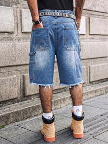 Manfinity EMRG Men's Summer Washed Blue Distressed Cargo Denim Shorts, Street Loose Wide Leg Shorts, Holiday - Light Wash - View 2