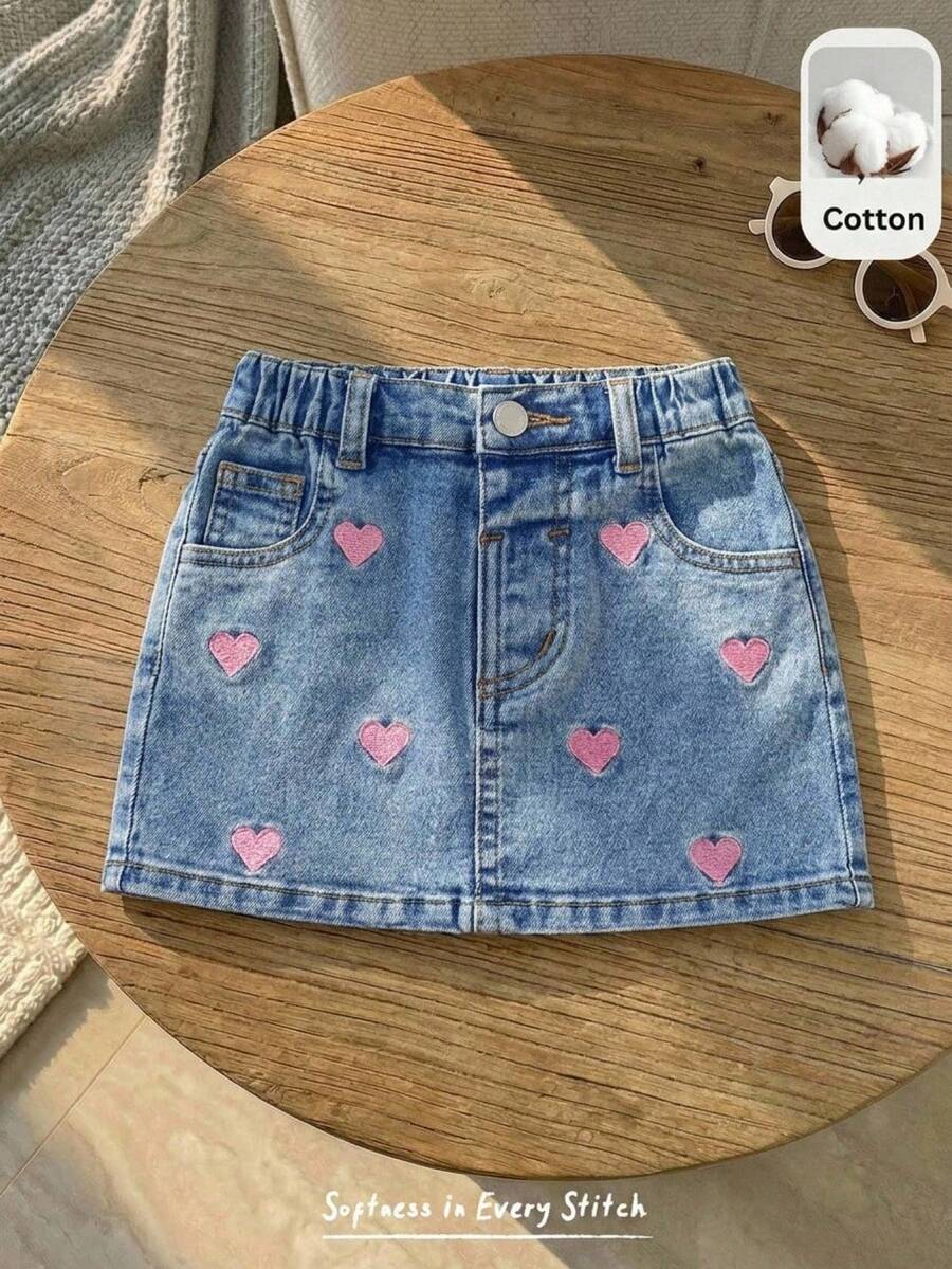 SHEIN 女嬰粉色蝴蝶結裝飾藍色丹寧彈性緊身裙 - 藍色 - 查看 1