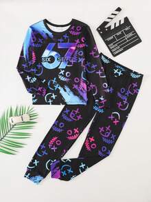 SHEIN 青少年男孩發光字母印花長袖上衣與長褲居家服套裝 - 黑色 - 查看 2