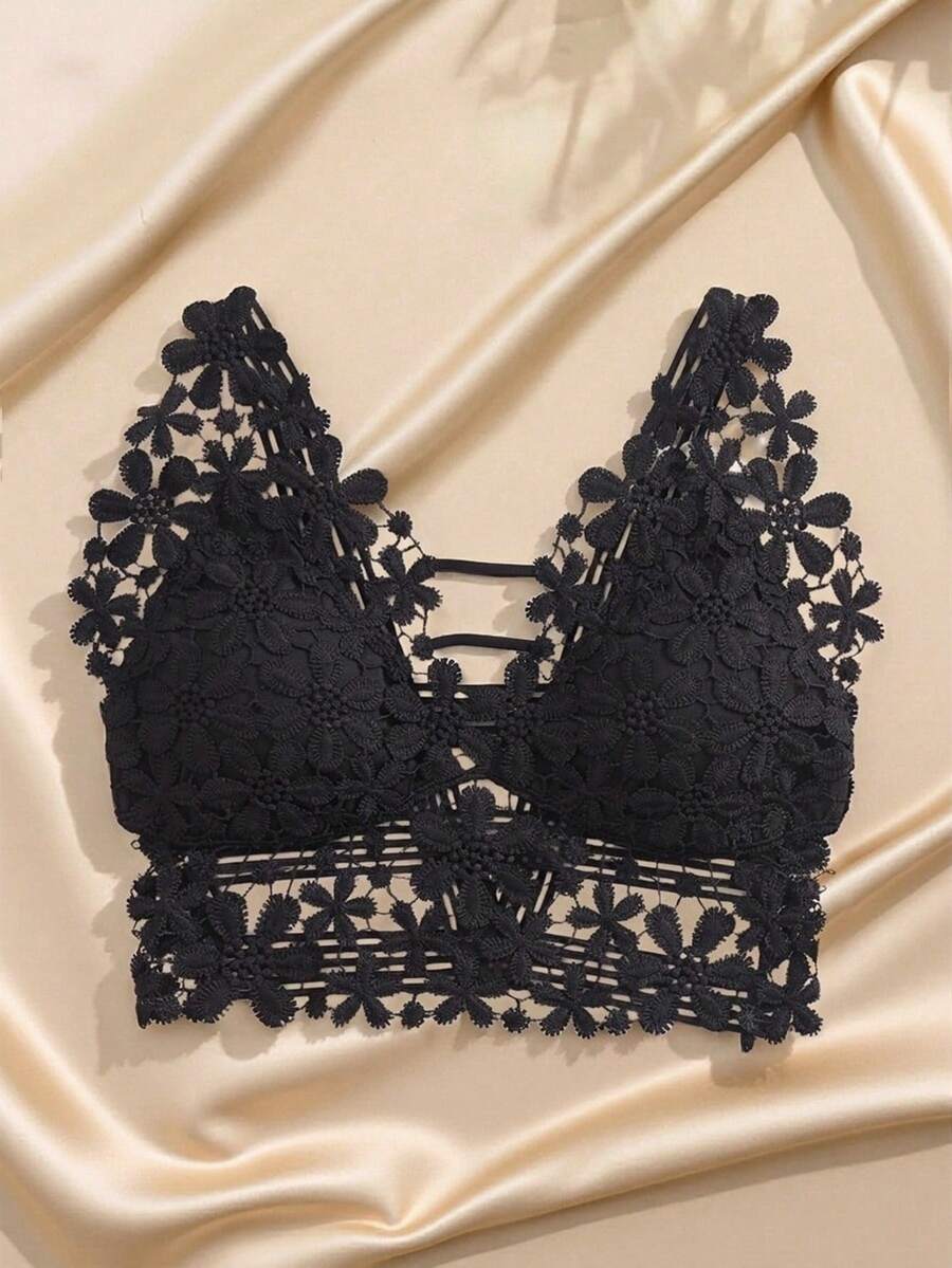 Charlaine 1pc Women's Elegant Sexy Embroidered Hollow-Out Wireless Bra - Black - View 1