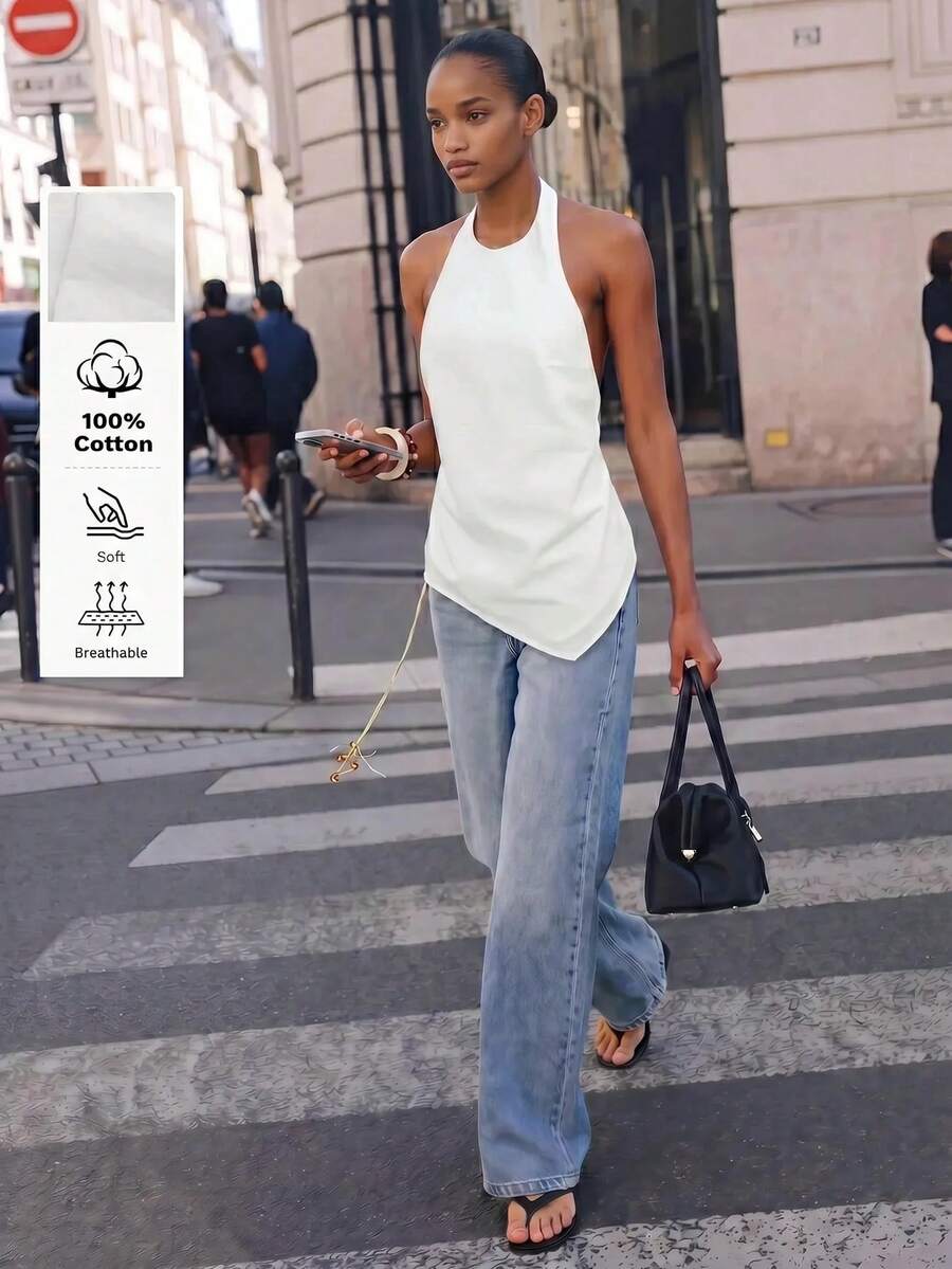 Maija White Summer Chic Women's Halter Neck Backless Tie Strap Top, Casual Basic Sexy Relaxed Fit Night Out Golf, Modest Urban Holiday Festival Vacation - White - View 1