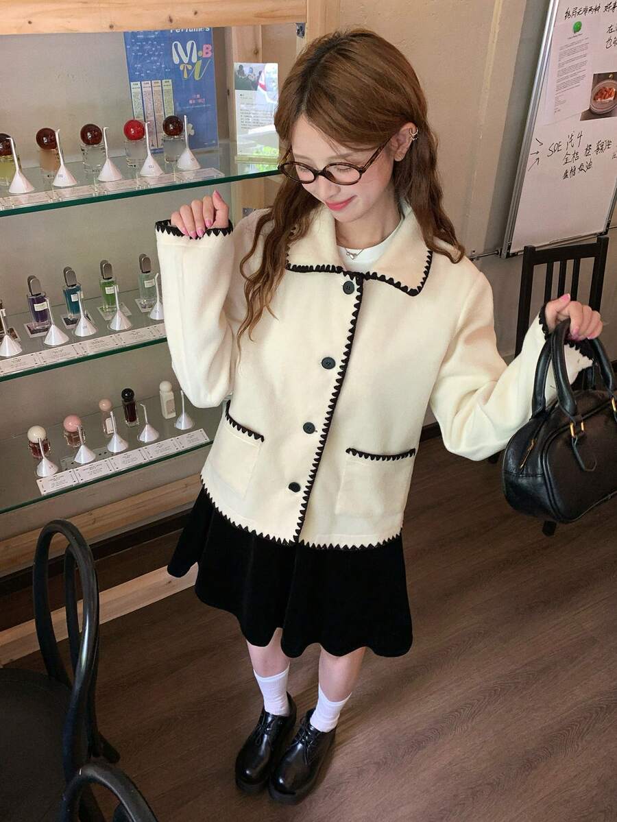 DAZY Women's Autumn/Winter Colorblock Trim Overcoat School - Apricot - View 1