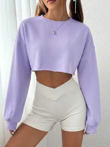 SHEIN EZwear 女款休閒百搭純色短版運動衫 - 紫色 - 查看 5