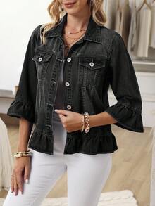 EMERY ROSE Plus Size Casual Washed Denim Jacket With Ruffle Trim - Black - View 3
