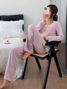 DAZY Women's Comfortable Lace Patchwork Single-Breasted Long Sleeve Top And Casual Long Pants Pajama Set Fall - Purple - View 8