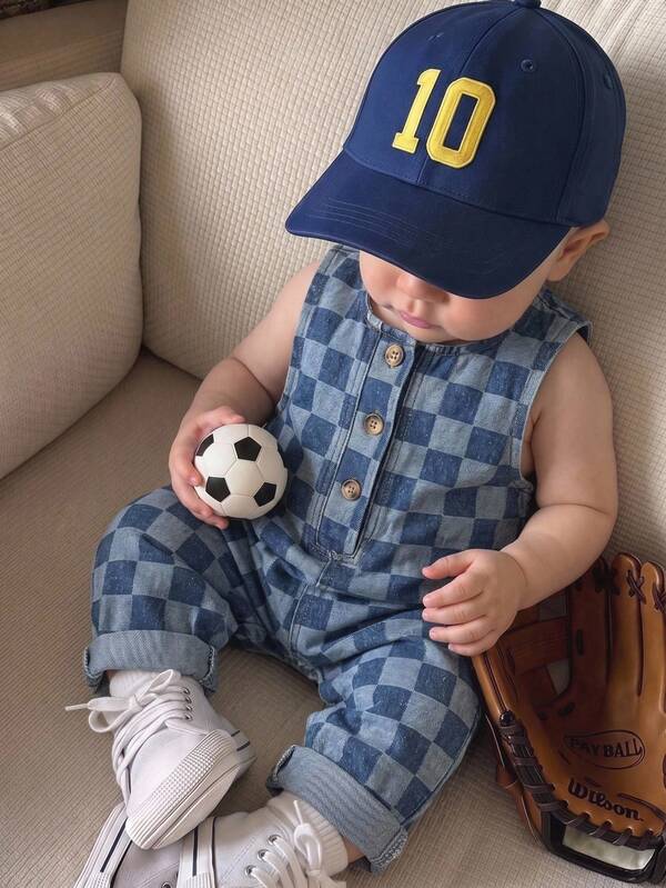 SHEIN Unisex Newborn Baby Boy/Girl Baby Boy Spring/Summer Casual Cute Checkered Denim Romper