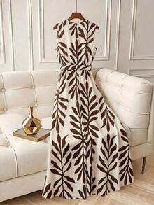 Glimmora 2026 Spring/Summer Bohemian Style Floral Print V-Neck Sleeveless Maxi Dress, Featuring Beige Base With Dark Brown Leaf Print, Creating A Vintage Vacation Vibe; V-Neck Design Paired With Matching Square Buckle Belt To Effortlessly Define High Waistline, Flattering Flowy Silhouette Suitable For Island Vacation, Daily Outings, Light Commuting And More - Multicolor - View 2