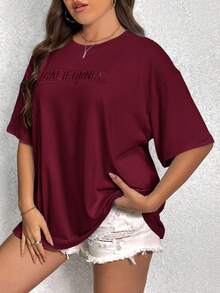 Shapeblank Plus Embroidery Letter Pattern Drop Shoulder Tee Plus Size T Shirt Girls - Burgundy - View 4
