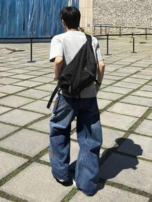 DAZY 秋季拼接設計深藍色原色丹寧寬版男款牛仔褲 - 藍色 - 查看 2