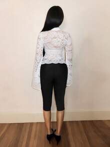 BamGleam 女款中式盤扣蕾絲性感透視襯衫 - 白色 - 查看 3