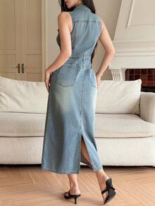 DAZY Autumn Winter Summer Sleeveless Collared Waist-Cinching Elegant Women's Denim Dress - Blue - View 2