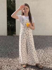 DAZY Ditsy Floral Sleeveless Straight Leg Pants For Tween Girls Denim Overalls And Jumpsuits Fall - White - View 1
