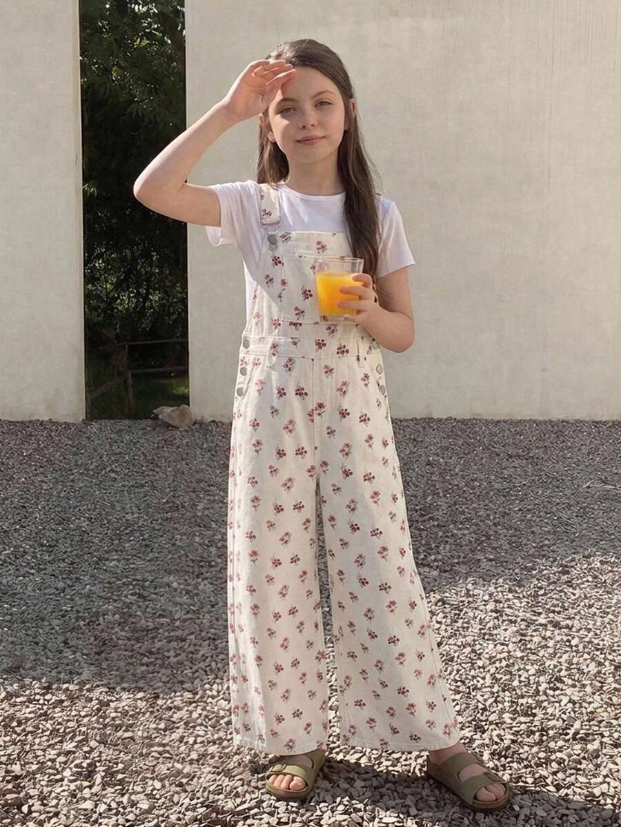 DAZY Ditsy Floral Sleeveless Straight Leg Pants For Tween Girls Denim Overalls And Jumpsuits Fall - White - View 1