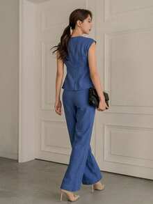 DAZY Conjunto de ropa de verano para vacaciones y oficina ligera para mujer, top elegante y pantalones de pierna ancha, conjunto de 2 piezas - Azul - Ver 2