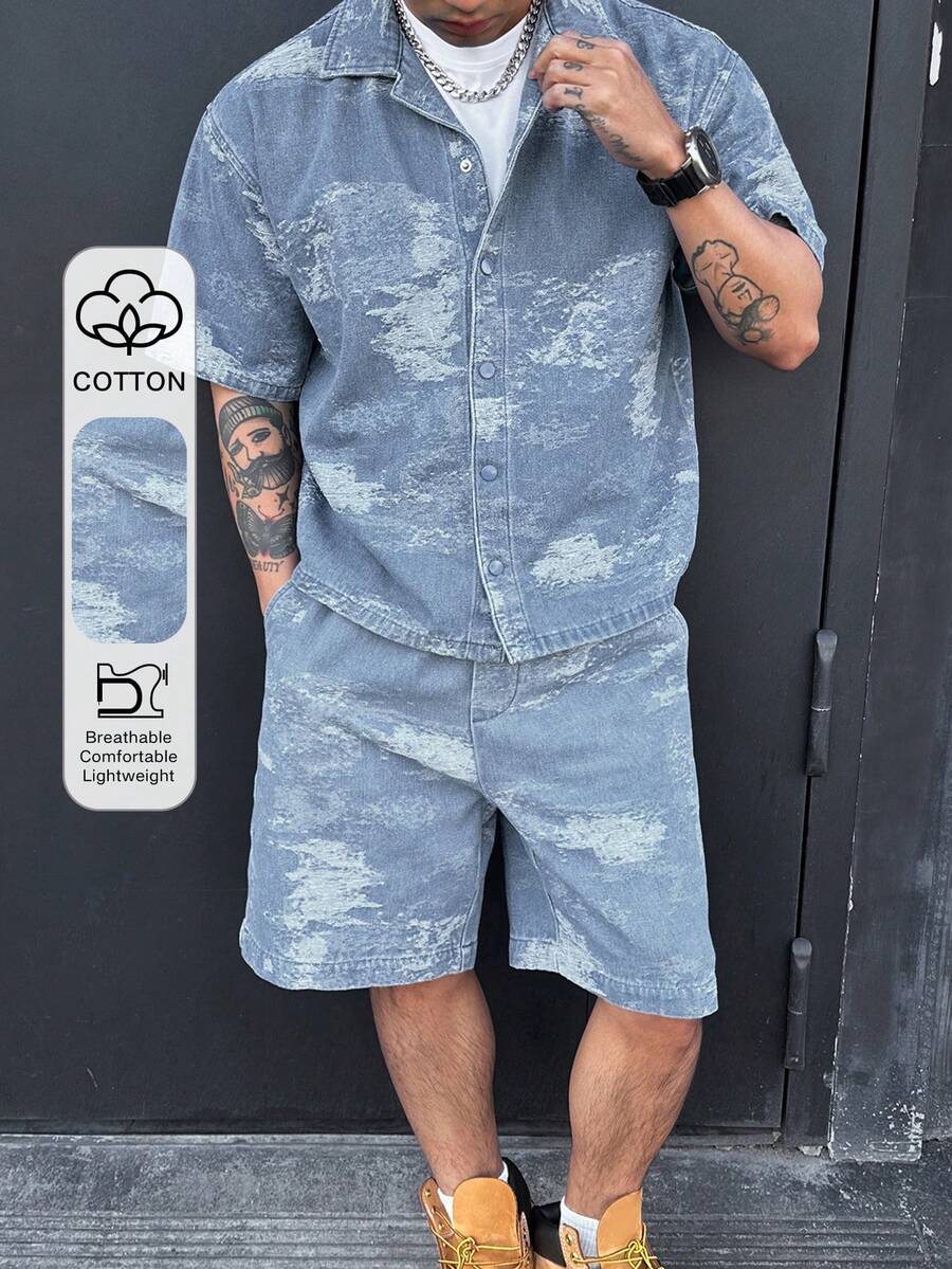 DAZY 男士紋理布料短袖襯衫與短褲休閒牛仔套裝 夏季 - 藍色 - 查看 1