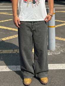 DAZY Spring Striped Pocket Wide Leg Loose Fit Men's Jeans - Black - View 6