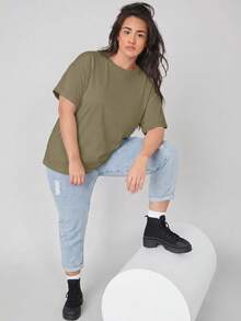 SHEIN BASICS 大尺碼落肩素色T恤女款夏季上衣夏季穿搭 - 軍綠色 - 查看 3