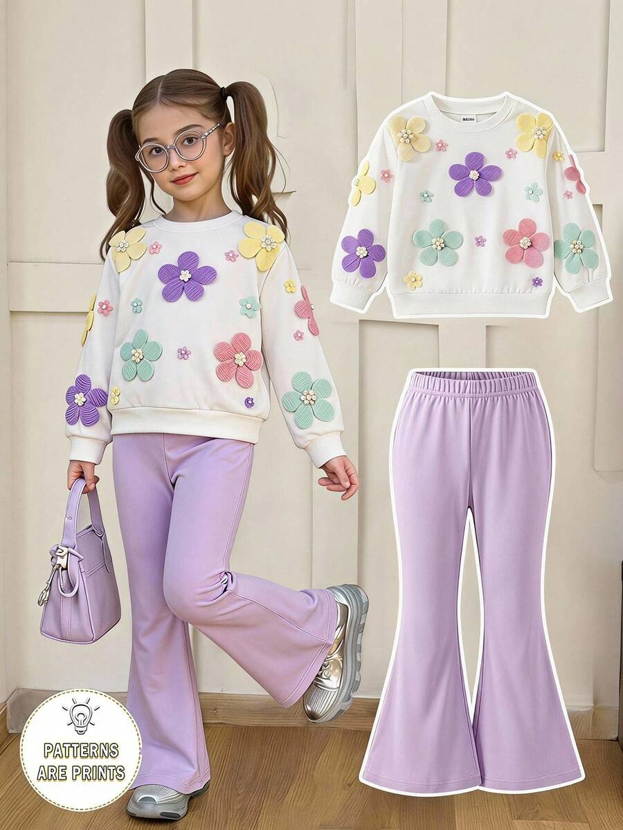 SHEIN Elladie kids 2件組少女極簡時尚粉色蝴蝶結黑色上衣與粉色長褲運動衫套裝 - 彩色 - 查看 1