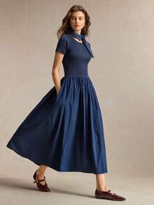 BizChic Women's Navy Blue Knit Ribbed Patchwork Sweater Dress With Side Pockets French Style Elegant Office Brunch Work Commute Business Halloween Autumn - Navy Blue - View 5