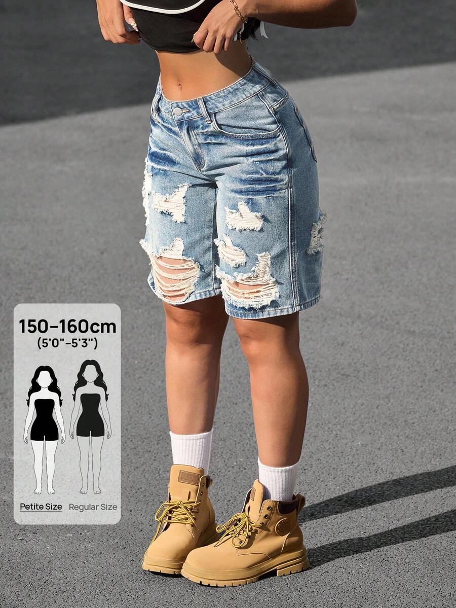 SHEIN PETITE 女款破洞拼色斜口袋寬鬆休閒牛仔短褲,適合嬌小女性 - 藍色 - 查看 1