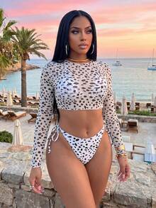 Slaydiva Women's Leopard Print Chiffon Bikini Cover Up 3 Pieces Set,White Summer Casual Holiday Pool Party Vacation Long Sleeve Beach Wear Boho Outfits - White - View 9