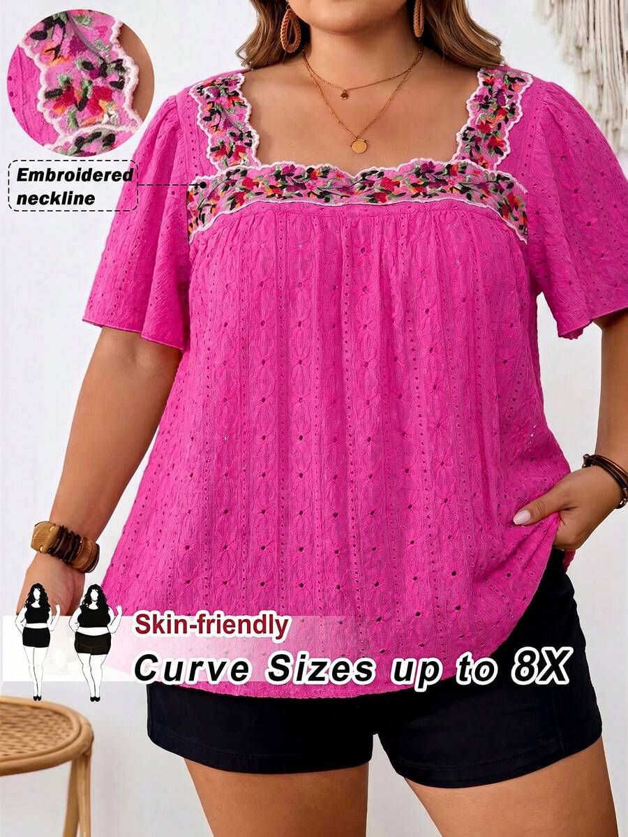 SHEIN CURVE+ 大码T恤,方领,简约时尚,适合夏季海滩装扮/沙滩裙/海滩度假装/海滩必备单品/毕业典礼/下午茶会/夏季/乡村/海滩度假装/海滩装/沙滩服饰 - 玫紅色 - 查看 1